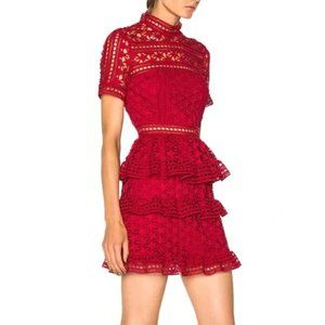 Self Portrait Red Star Lace Short Sleeve Paneled Ruffle Dress , Size 0
